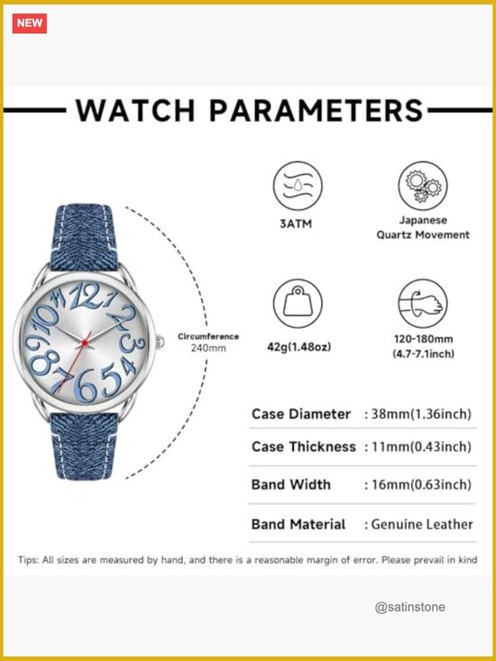 Women\'s Wrist Watch with Big Arabic Numbers and Denim Leather Strap
